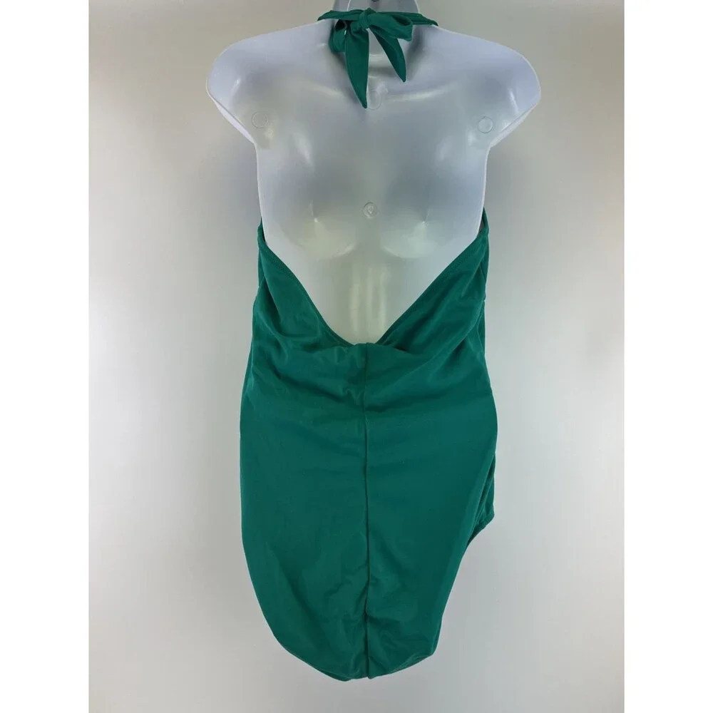 Lands End One Piece Swimsuit Green Halter Tie Neck Ring‎ V-Neck Beach Plus 18